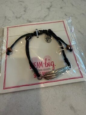 NIP Silver Feather Cord Bracelet with Brown Cord